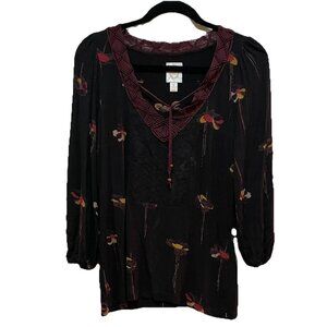 RIC RAC Black Floral Tassel V-neck 3/4 Length Sleeve Boho Whimsigoth Blouse Sz S